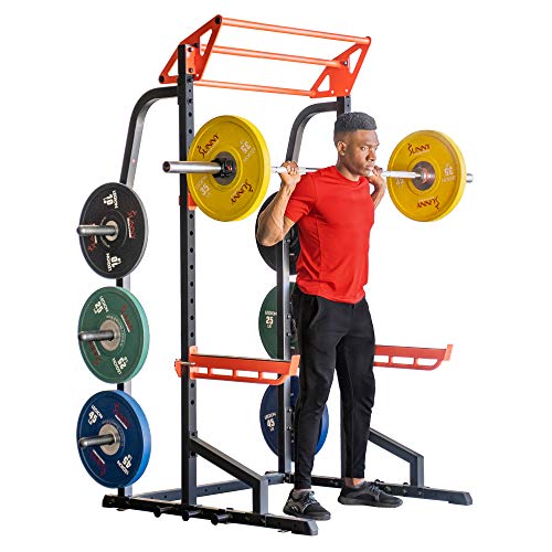 Sunny Health & Fitness Power Zone Half Rack Heavy Duty Performance Power Cage with J-Hooks, Adjustable Pull Up Bar Optional Bench with Dumbbell Rack, Premium Incline Bench, LAT Pull Down Attachment