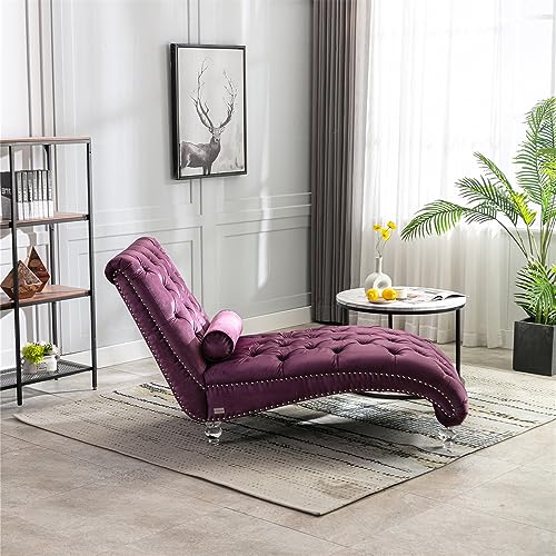 Velvet Chaise Sofa with Lumbar Pillow, Modern Ergonomic Upholstered Concubine Sofa Chair, Comfy Button-Tufted Sleeper Recliner Sofa for Living Room, Bedroom, Balcony, Emerald