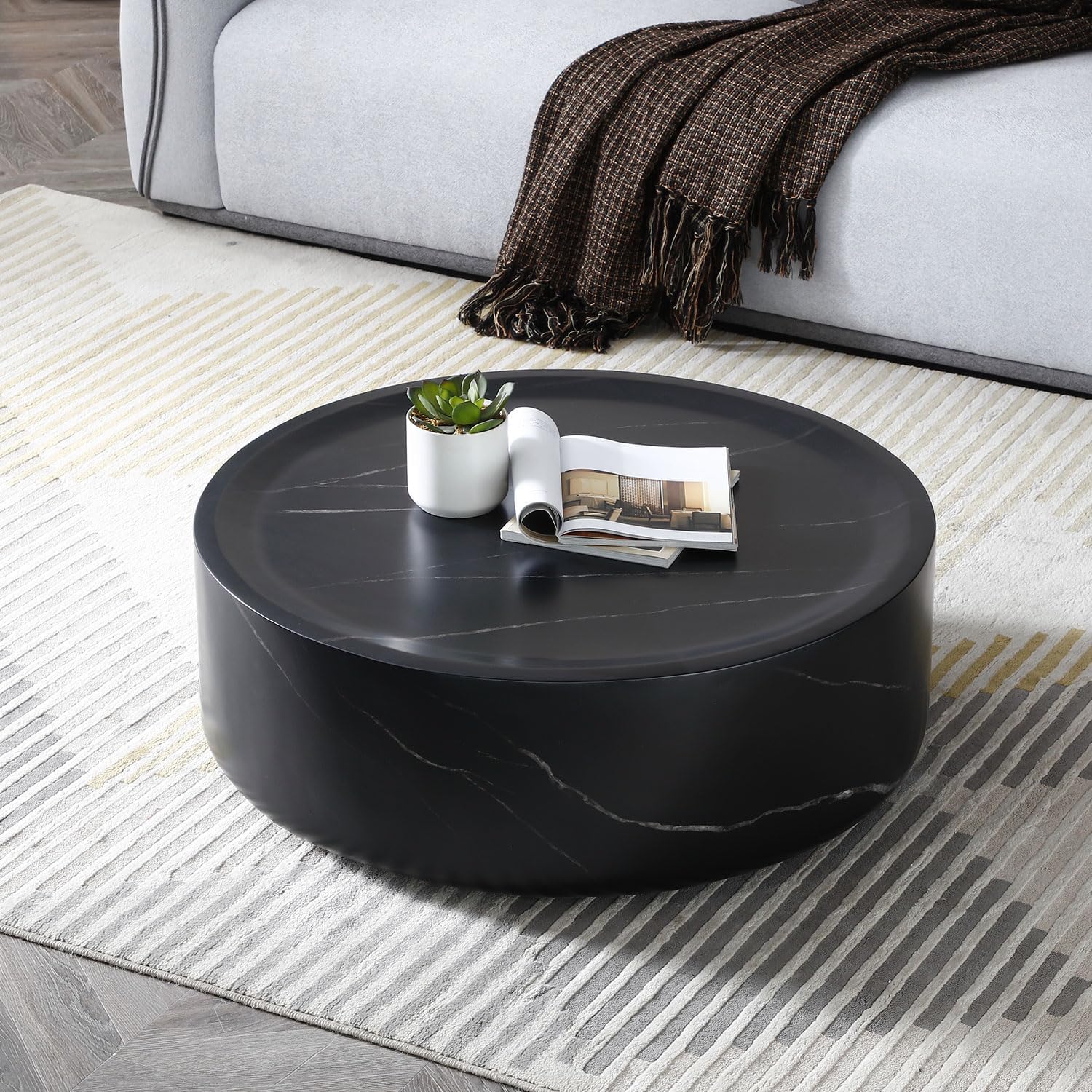 Henf 31.5" Round Marble Coffee Table for Living Room Modern Black Faux Marble Drum Coffee Table Circle Center Table Cocktail Table Sturdy Fiberglass Living Room Table No Need Assembly (Black)