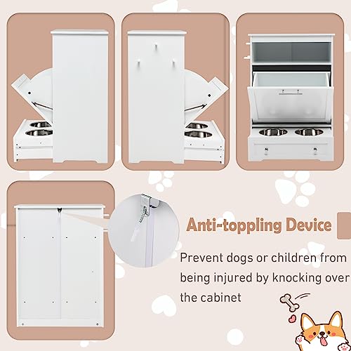 Dog Feeding Station Dog Food Storage Cabinet with 2 Raised Dog Bowls, Dog Food Storage Container, Pull Out Elevated Dog Bowls for Water and Feeding Supplies, Pet Toy Storage Organizer,White