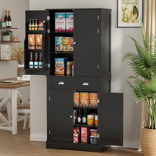 VOWNER Kitchen Pantry Cabinet with 4 Doors and 1 Drawer, Tall Storage Cabinet with Adjustable Shelves, Freestanding Cupboard for Kitchen, Dining Room and Living Room (White)