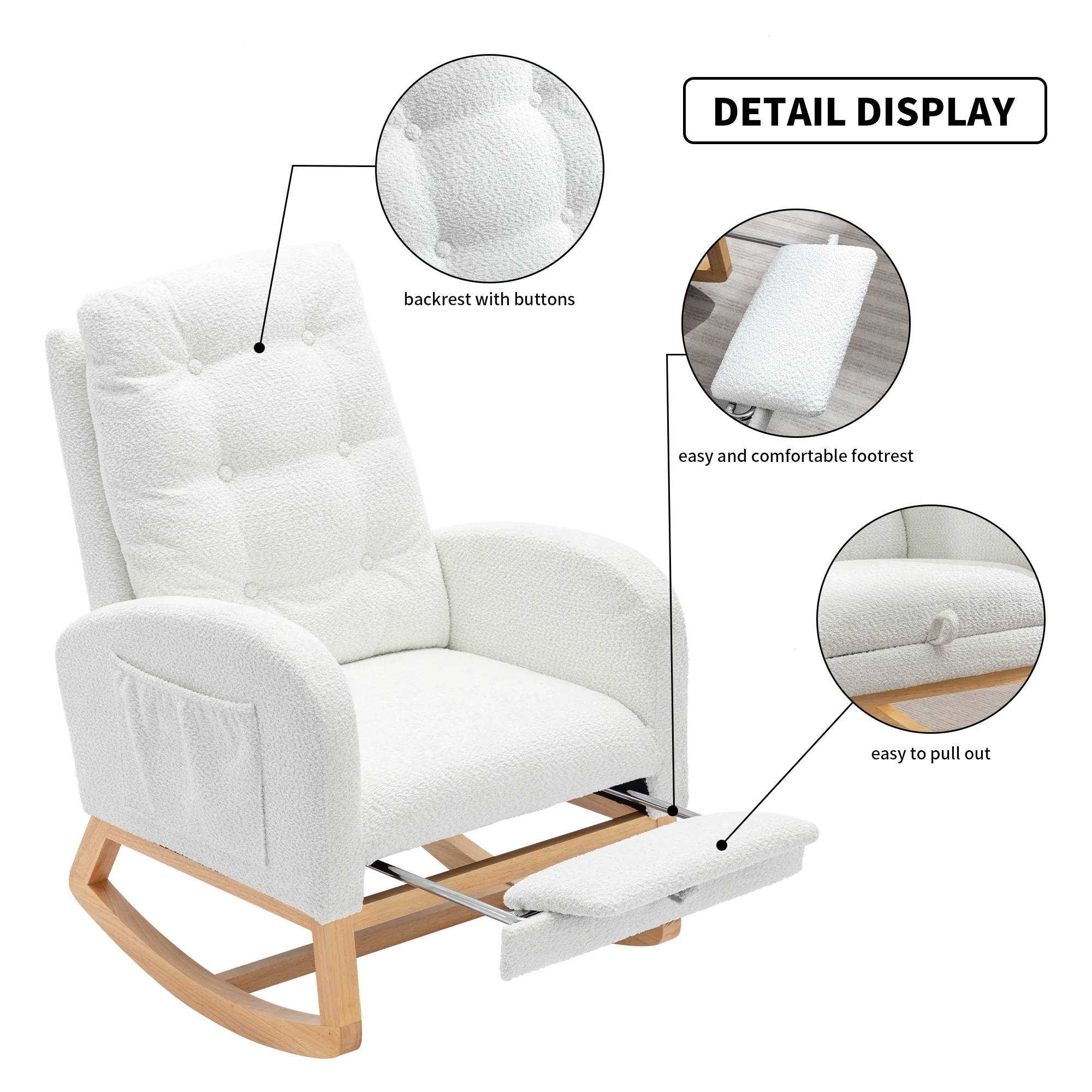 Nursery Rocking Chair with Footrest - High Back, Rubber Wood Rocking Legs, Ideal for Bedroom and Living Space