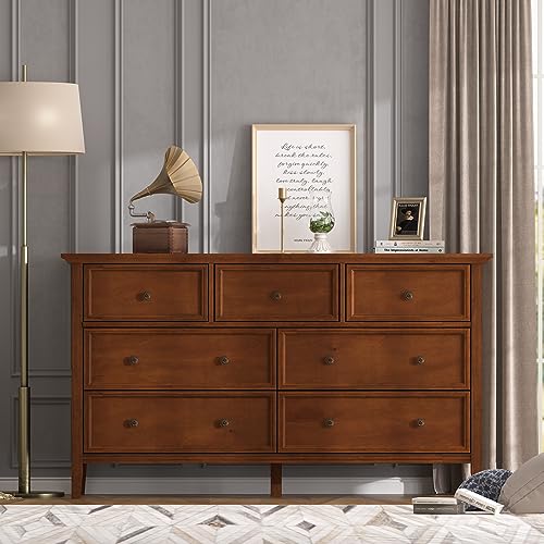 IKENO White 7 Drawer Dresser for Bedroom, Modern Solid Wood Large Storage Cabinet, Simple White Chest of Drawer for Bedroom Living Room Hallway Entryway (White)