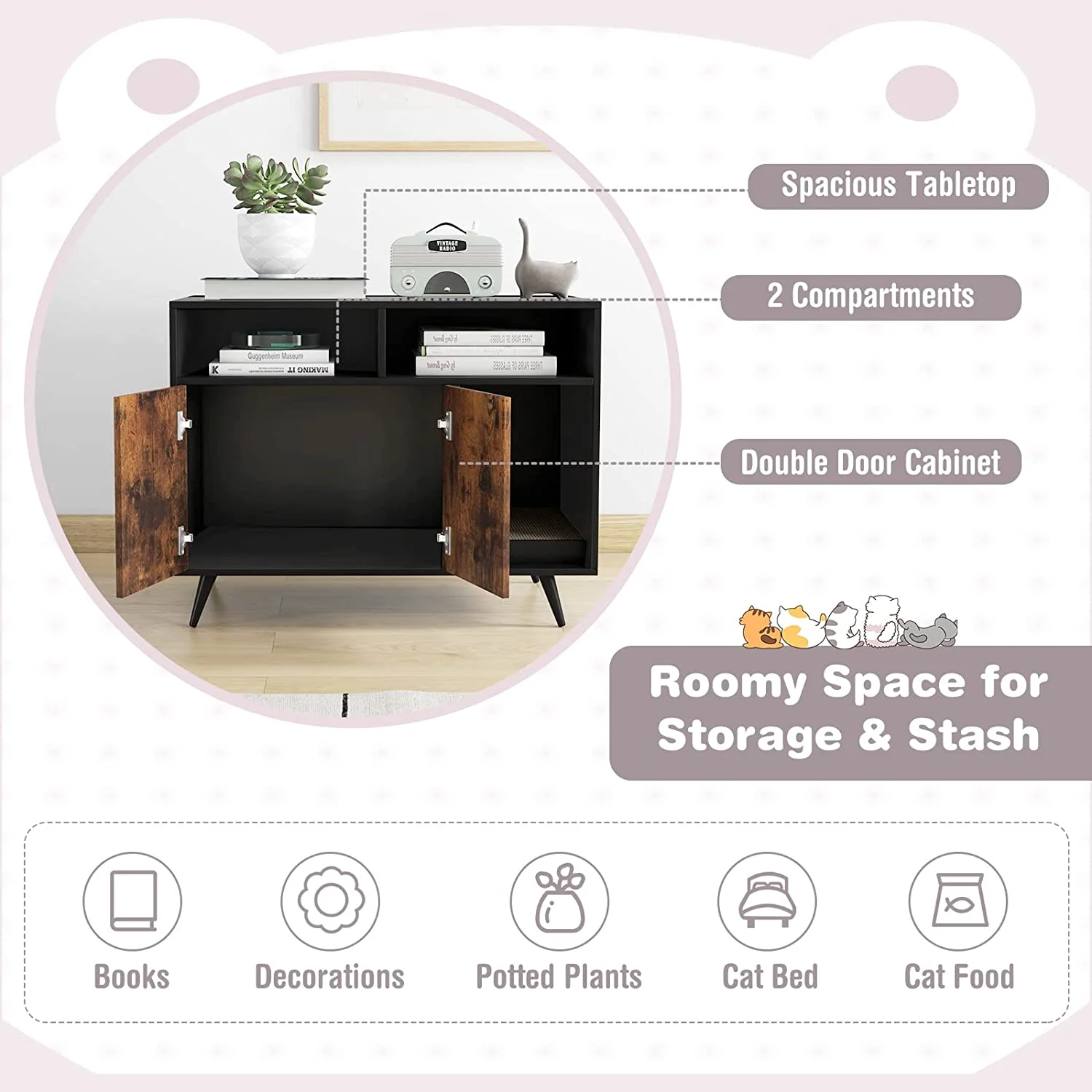 Cat Litter Box Enclosure, Hidden Cat Washroom Furniture with Double Door Cabinet, Compartments & Cat Scratch Pad, Pet House Side Table for Indoor Cats, Litter Box Furniture (Rustic Brown)