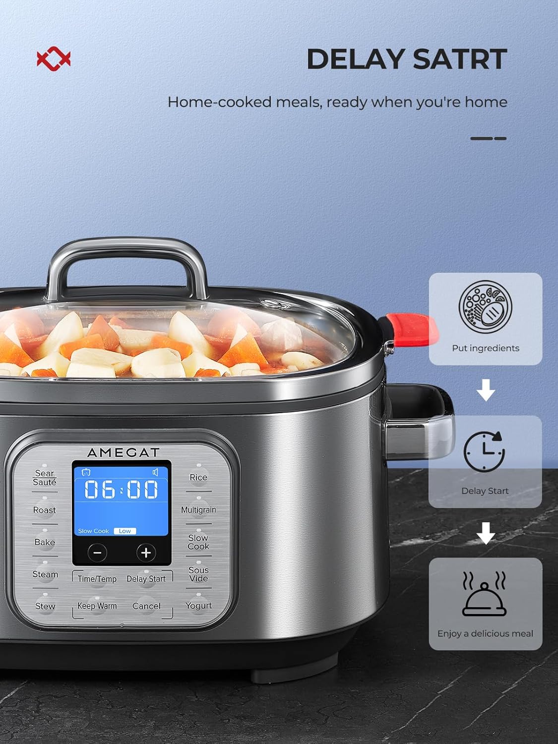 10-in-1 Programmable Slow Cooker 6 Quart with Stainless Steel Pot, Glass Lid, Steaming Rack, and LED Display