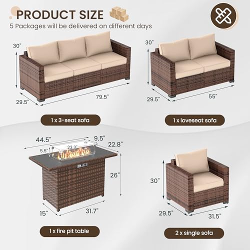 Outdoor Patio Furniture Set, 5 Piece Patio Conversation Sets with Storage Table, Wide Armrest Outside Sectional Sofa with Waterproof Covers for Porch, Backyard, Balcony, Poolside(Khaki)