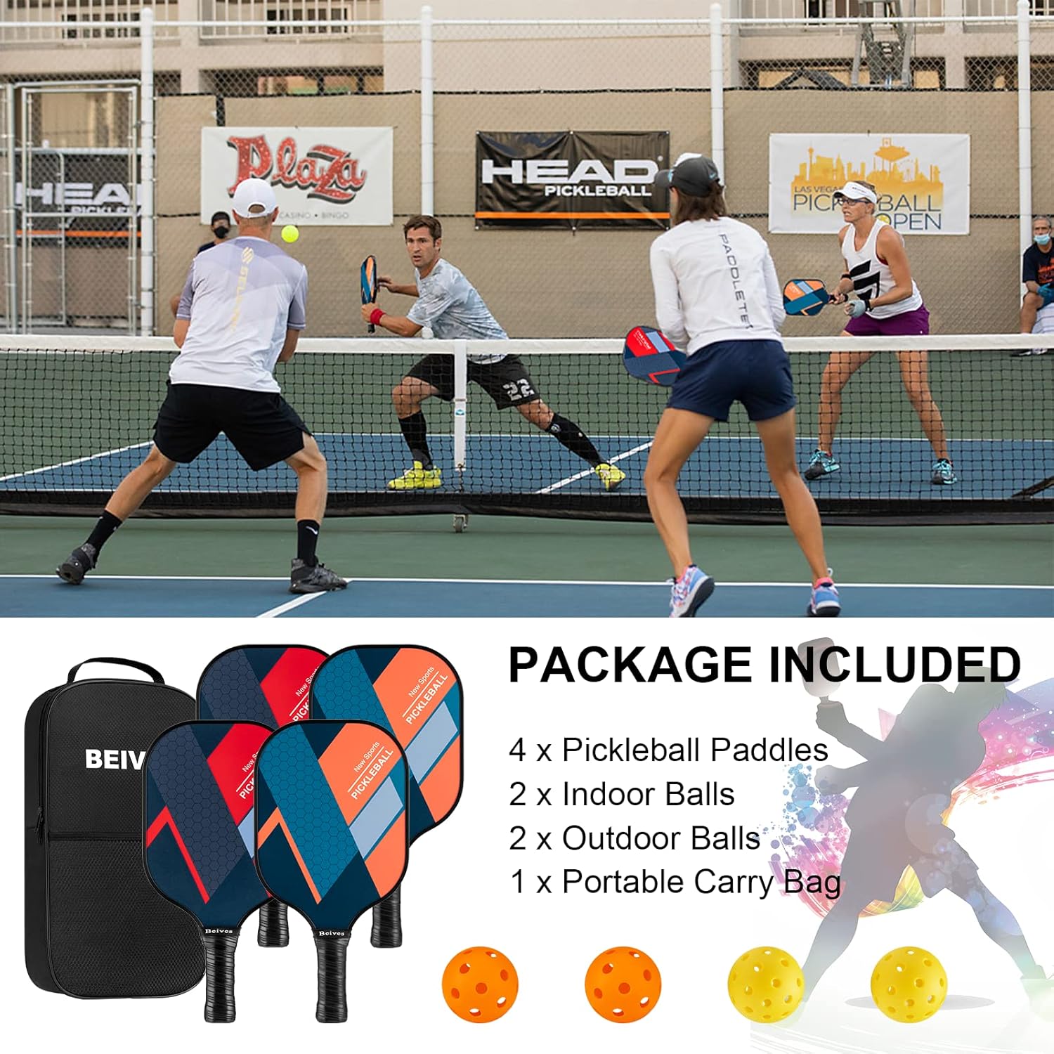 Beives Pickleball Paddles Set of 4 Pickleball Rackets Lightweight Pickleball Sets, 4 Pickleball Racquets and 4 Balls Including Portable Carry Bag