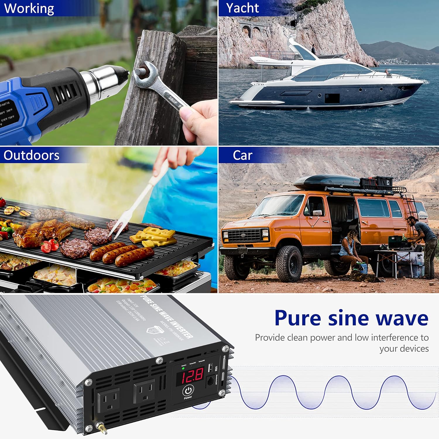 GIANDEL Power Inverter Pure Sine Wave 600Watt 12V DC to 110V 120V with Remote Control Dual AC Outlets and USB Port for RV Car Solar System Emergency