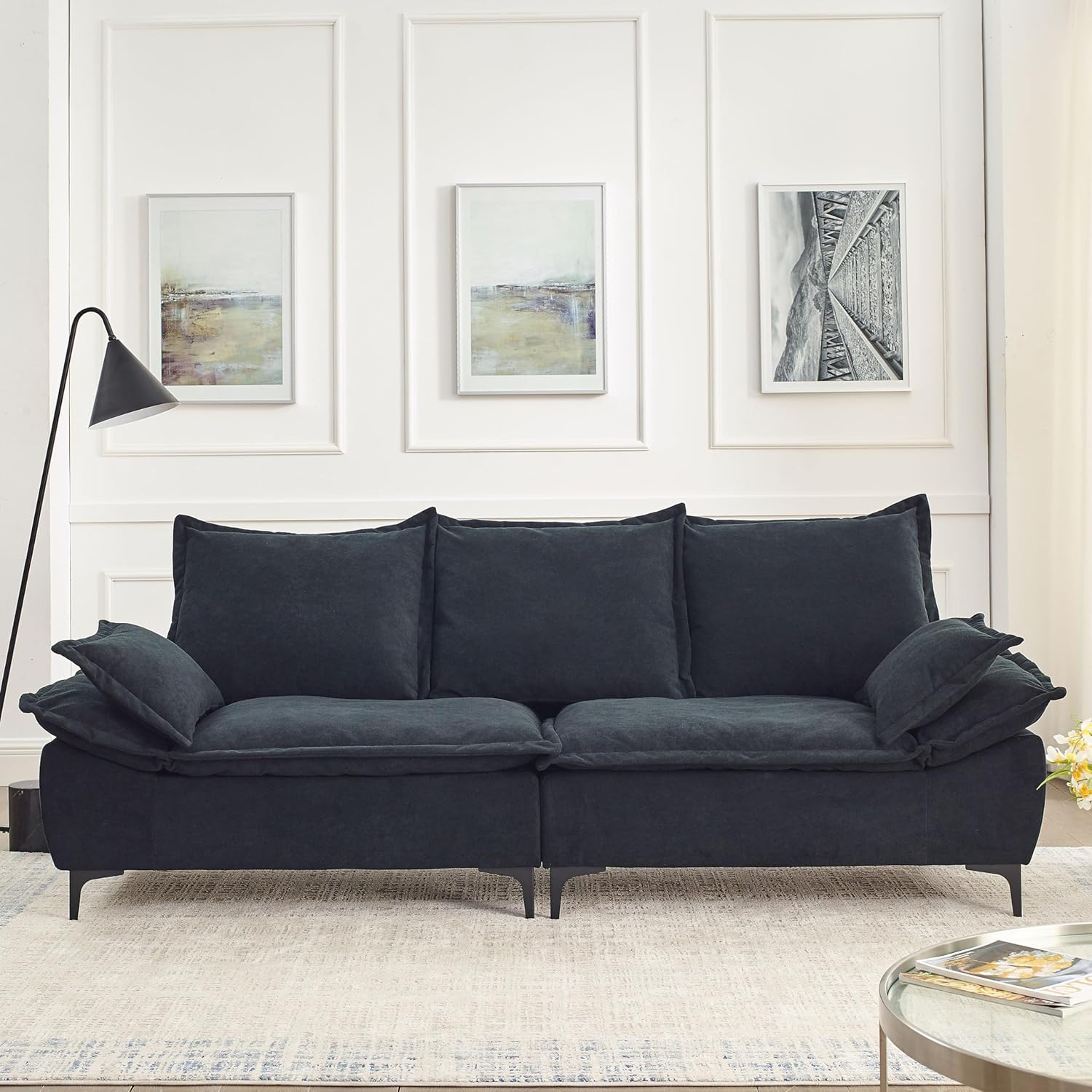 88.5" Sofa for Living Room, Modern Sofa Couch Sailboat Couches Dutch Velvet 3-Seater Sofa with 2 Pillows for Bedroom Apartment Small Space Black