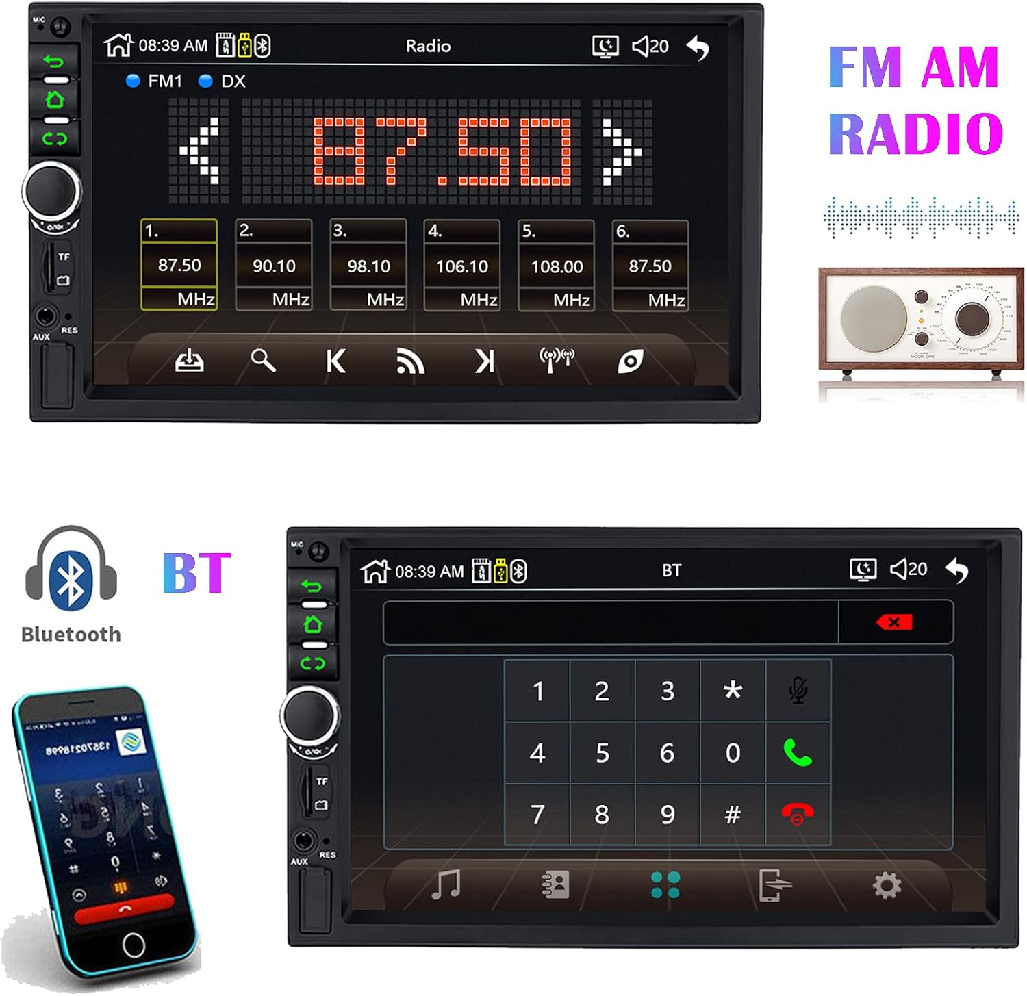 Binize Car Stereo Double Din Compatible with Carplay Android Auto 7 Inch Touch Screen Indash HD Car Radio MP5 Player with Bluetooth,Support FM,AM,Mirror/Backup Camera Input/AUX-in Port/USB Port