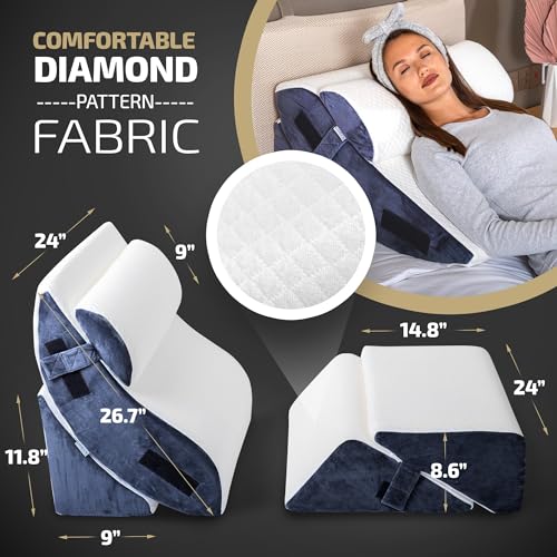 5 Pcs Adjustable Relaxing System w/Leg Elevation Pillow - Perfect Orthopedic Pillow Set for After Surgery - Memory Foam Bed Wedge Pillows for Back Support (Grey with Cooling Fabric)