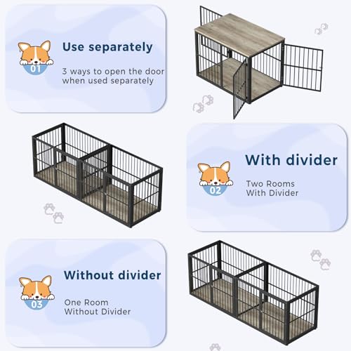 86.62''Dog Crate Furniture Large Breed TV Stand with Double Rooms,Wooden Dog Kennel Dog Crate End Table with Removable Divider for Large Medium Dogs, Can Use Separately, Brown