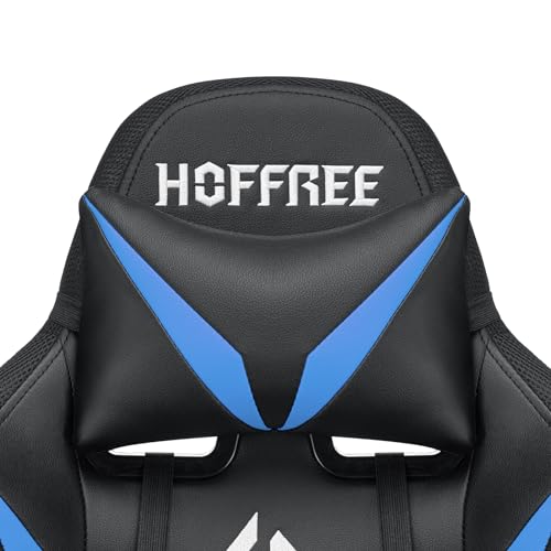 HOFFREE Gaming Chair Massage with Bluetooth Speakers and Led Lights Ergonomic Computer Gaming Chair with Footrest RGB Video Game Chair with High Back Lumbar Support Blue and Black