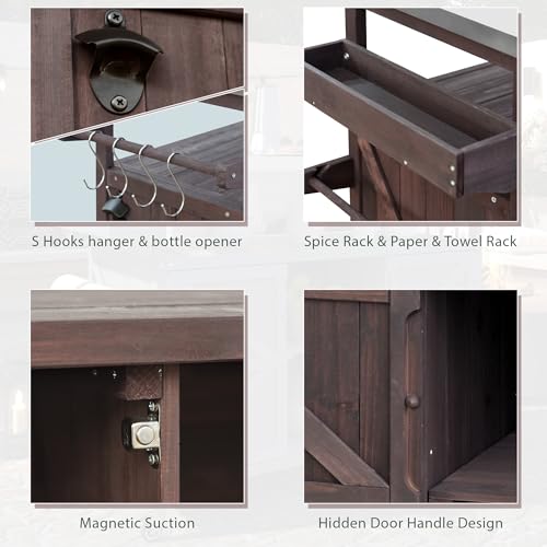 Outdoor Kitchen Island, Rolling Bar Cart & Storage Cabinet, Farmhouse Solid Wood Outdoor Grill Table with Stainless Steel Top, Spice Rack, Towel Rack for Kitchen & BBQ (Natural)