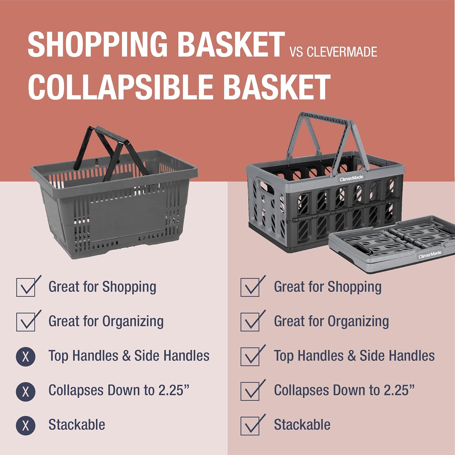 CleverMade Collapsible Storage Bin (With Lid), Tan, 3PK - 62L & Collapsible Shopping Basket, Ocean, 3PK - 24L