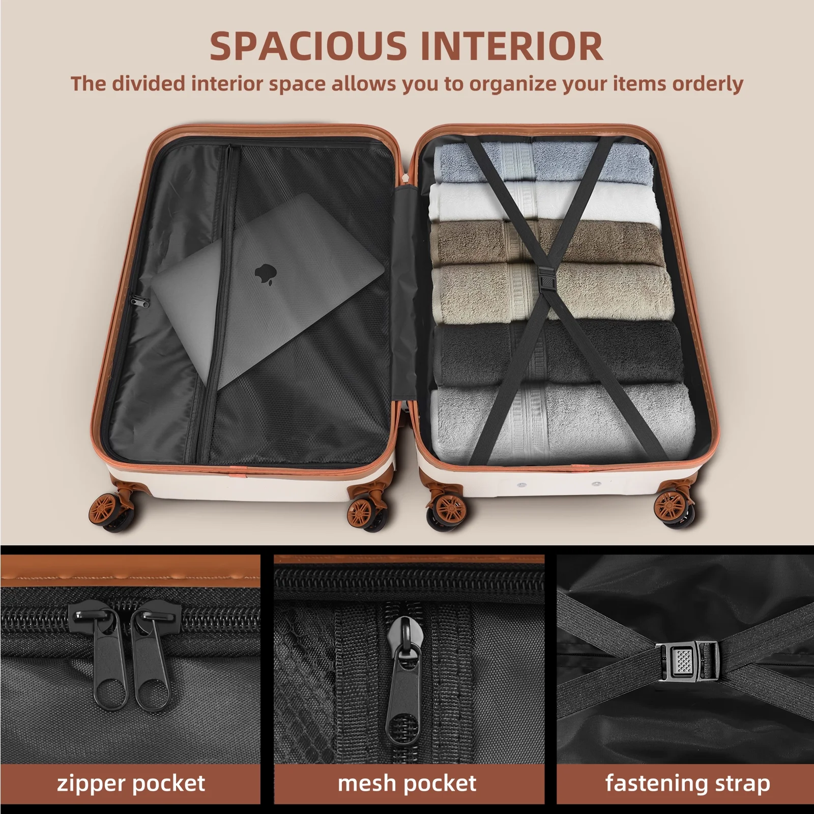 SUGIFT 3 Piece Expandable ABS Hardshell Luggage Sets Spinner Wheel Suitcase TSA Lock Suit Case, White+Brown, 20/24/28 Inch