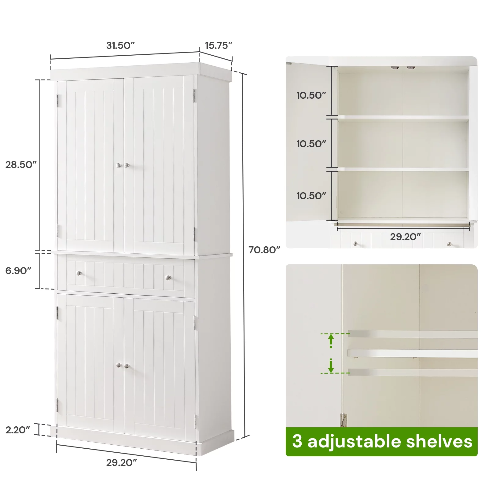 SunsGrove Kitchen Pantry Cabinet Tall Freestanding Storage Cupboard with Doors and Adjustable Shelves for Kitchen, Living Room, Dining Room, White