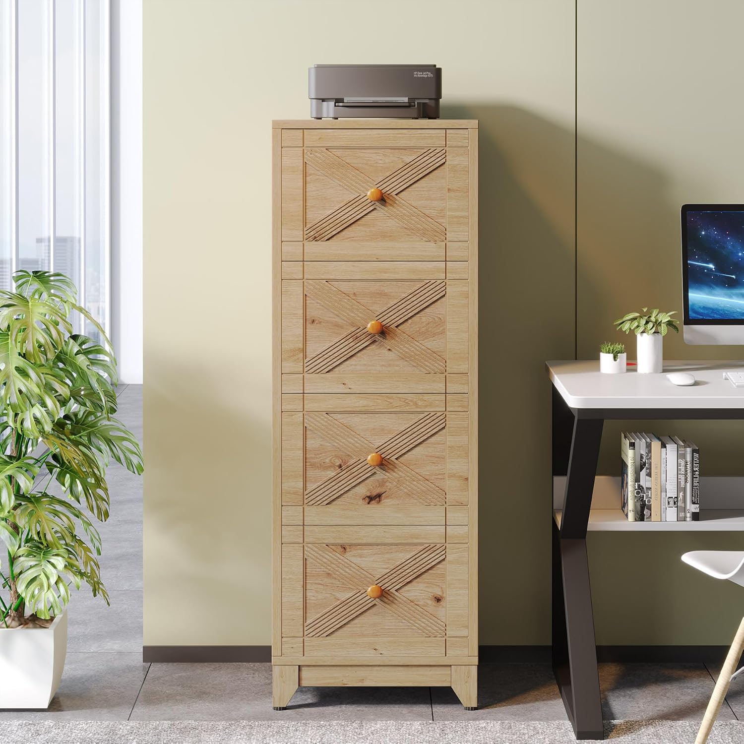 Tribesigns 4-Drawer File Cabinet, Vertical File Cabinets Office Filing Cabinet for Letter Size, Wood Storage Cabinet Printer Stand for Home Office, Living Room, Natural