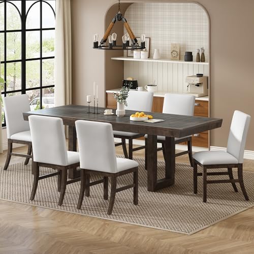 7-Piece Dining Table Set, Extendable Table with 12” Butterfly Leaf and 6 Upholstered Chairs, Wood Rectangular Dining Set, Mid-Century Kitchen Dining Table Set for 6 People (Brown)