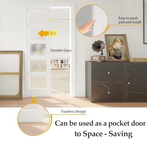 Double Sliding Pocket Door 60"（30" x2） x 80" - 5 Lites Tempered Frosted Glass Panels, Interior & Closet Single Door Slab, White Primed - Panel Assembly (Needed without Hardware Kit