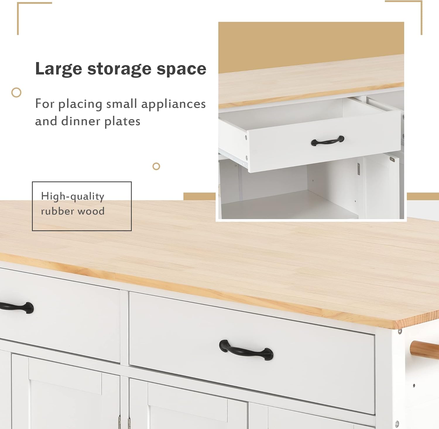 LUMISOL Rolling Kitchen Island Cart with Solid Wood Top for Kitchen, Mobile Storage Cart on Wheels with 2 Drawers and 4 Door Cabinet, White