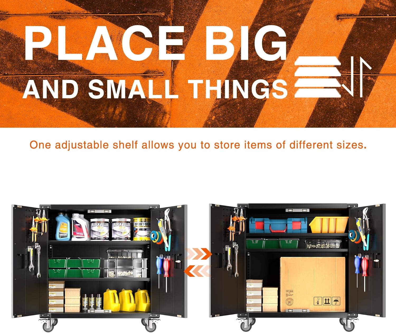 Aobabo Metal Garage Storage Cabinet with Wheels,Steel Storage Cabinet with Pegboard and 4 Hooks for Garage,Home Storage,Assembly Required (Black)