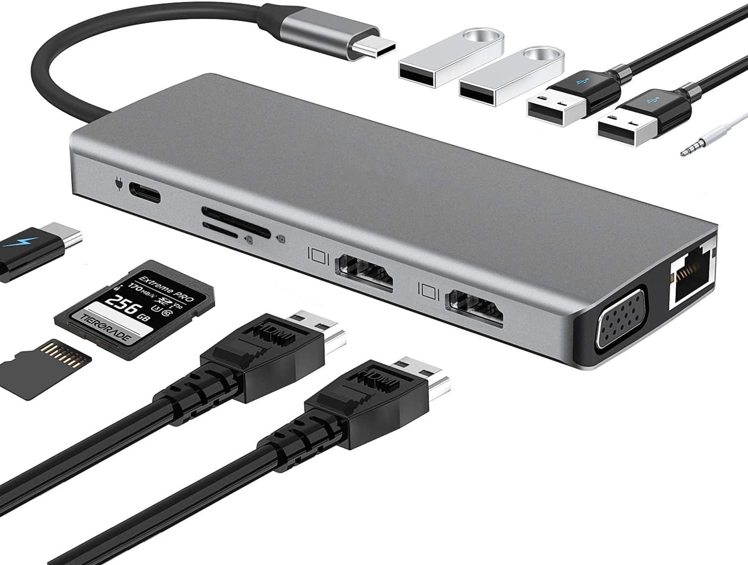USB C Docking Station Dual Monitor, 12-in-1 Triple Display USB C Adapter for Windows，MacBook Pro with Dual 4K HDMI, VGA, Gigabit Ethernet, 1 USB 3.0, 3 USB 2.0, 100W PD, SD/TF Card Reader, AUX