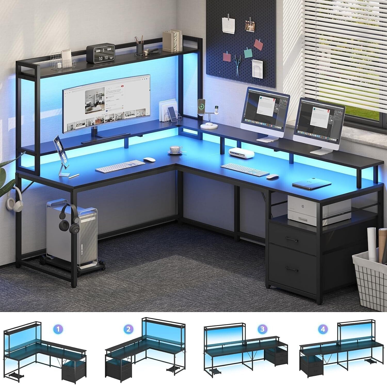 New Modern Black 67" L Shaped Desk Computer Monitor Shelf Two Person Cabinet File Drawer Storage Shelves Led Lights Corner Reversible Office Study Home 67”L x 47.2”W x 62.2”H of Set
