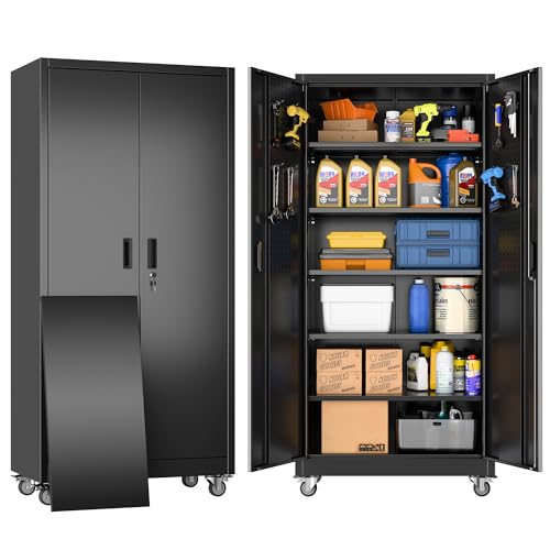 Aobabo 71" H×34" W×18" D Garage Metal Storage Cabinet with Wheels, Locking Steel Storage Cabinet with 5 Shelves and 4 Hooks, for Home Office, School, Assembly Required, Black Silver