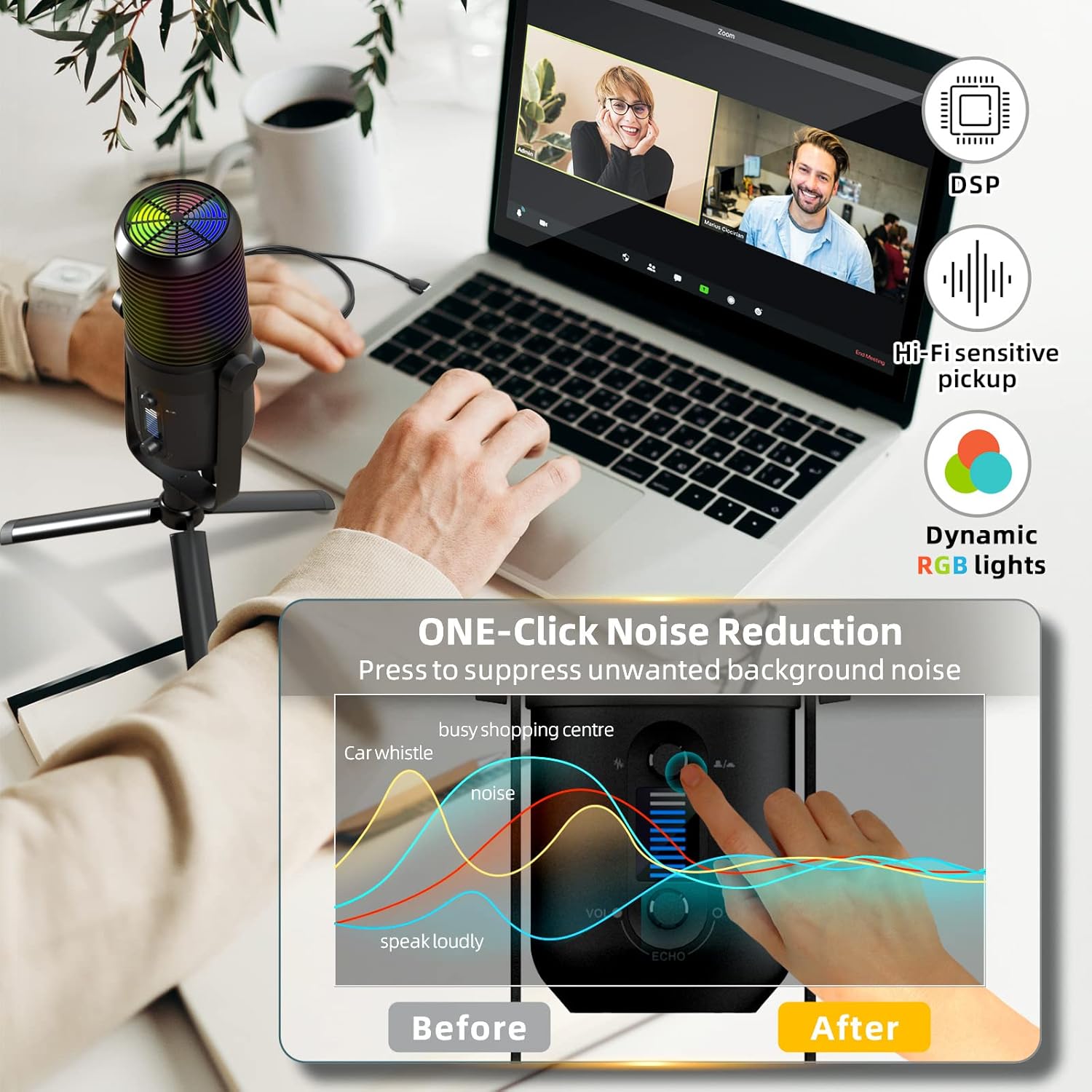 USB Microphone for PC, RGB Gaming Desktop Microphone Condenser Mic with Tripod Stand for Streaming, Studio Recording, Podcast, Computer Cardioid Condenser mic Compatible with Flexible Boom Arm Stand… Pack of 2