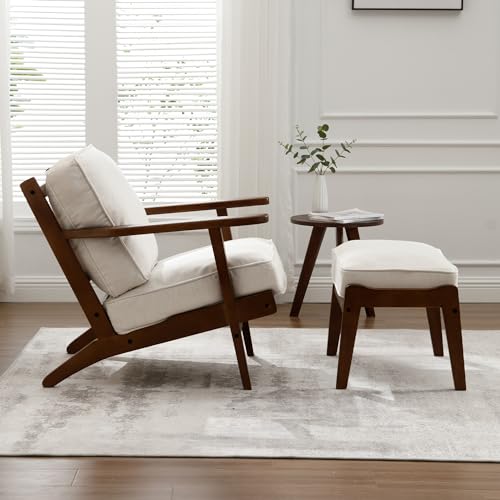 chairus Mid-Century Modern Accent Chair Linen Fabric Upholstered Living Room Chair Comfy Single Chair for Bedroom Reading Room Lounge with Arm & Solid Wood Frame, Fabric Beige