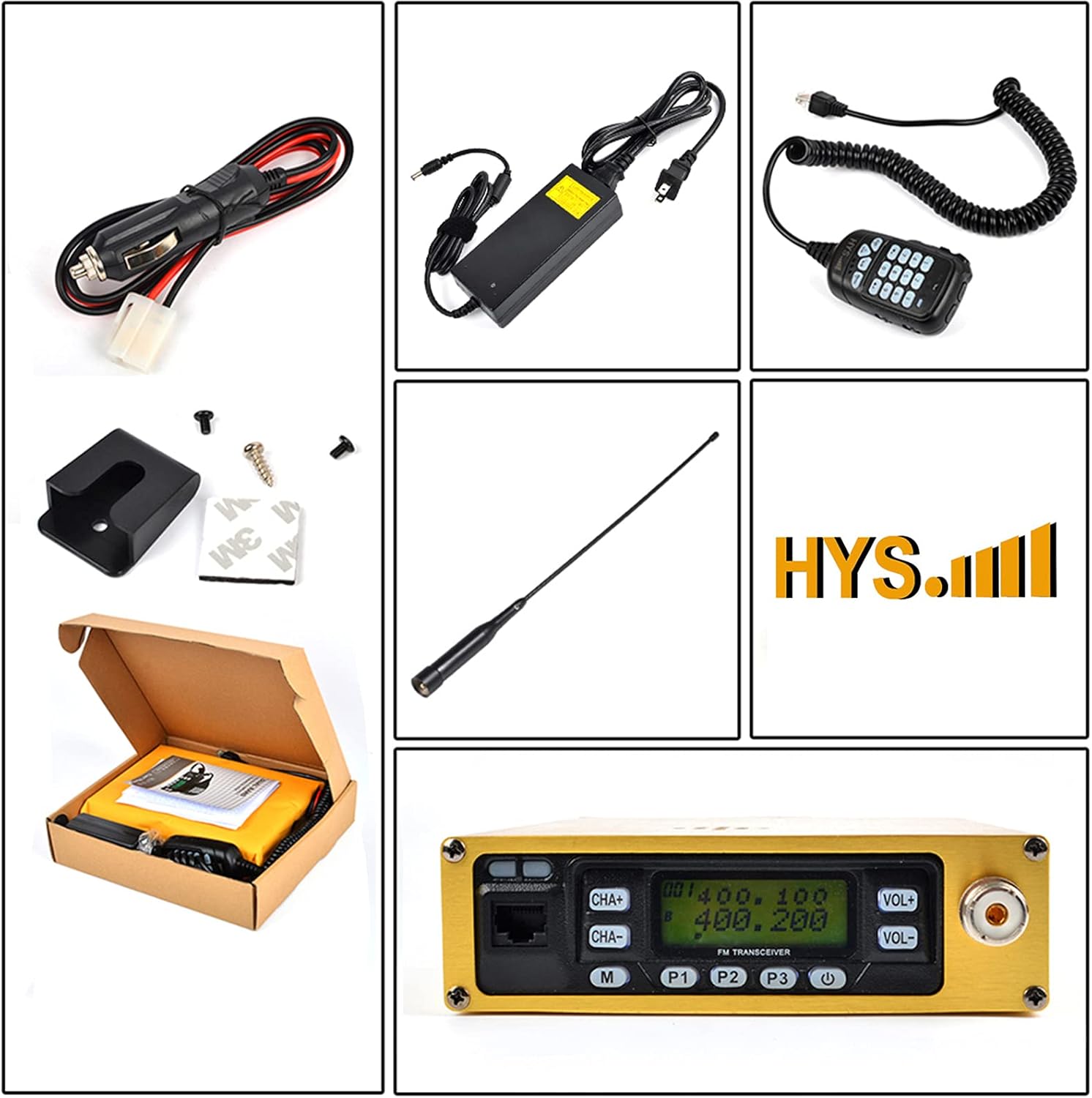 HYS Dual Band VHF/UHF Mobile Transceiver Golden Mobile Ham Radio Amateur Radio Built-in 12000mAh Battery with Programming Cable Antenna SO239 to PL259 Adapter (A Complete Set of)