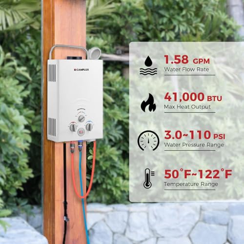 CAMPLUX 2.64 GPM Propane Portable Gas Water Heater, 68,000 BTU Outdoor Tankless Camping Water Heater with Digital Display, White