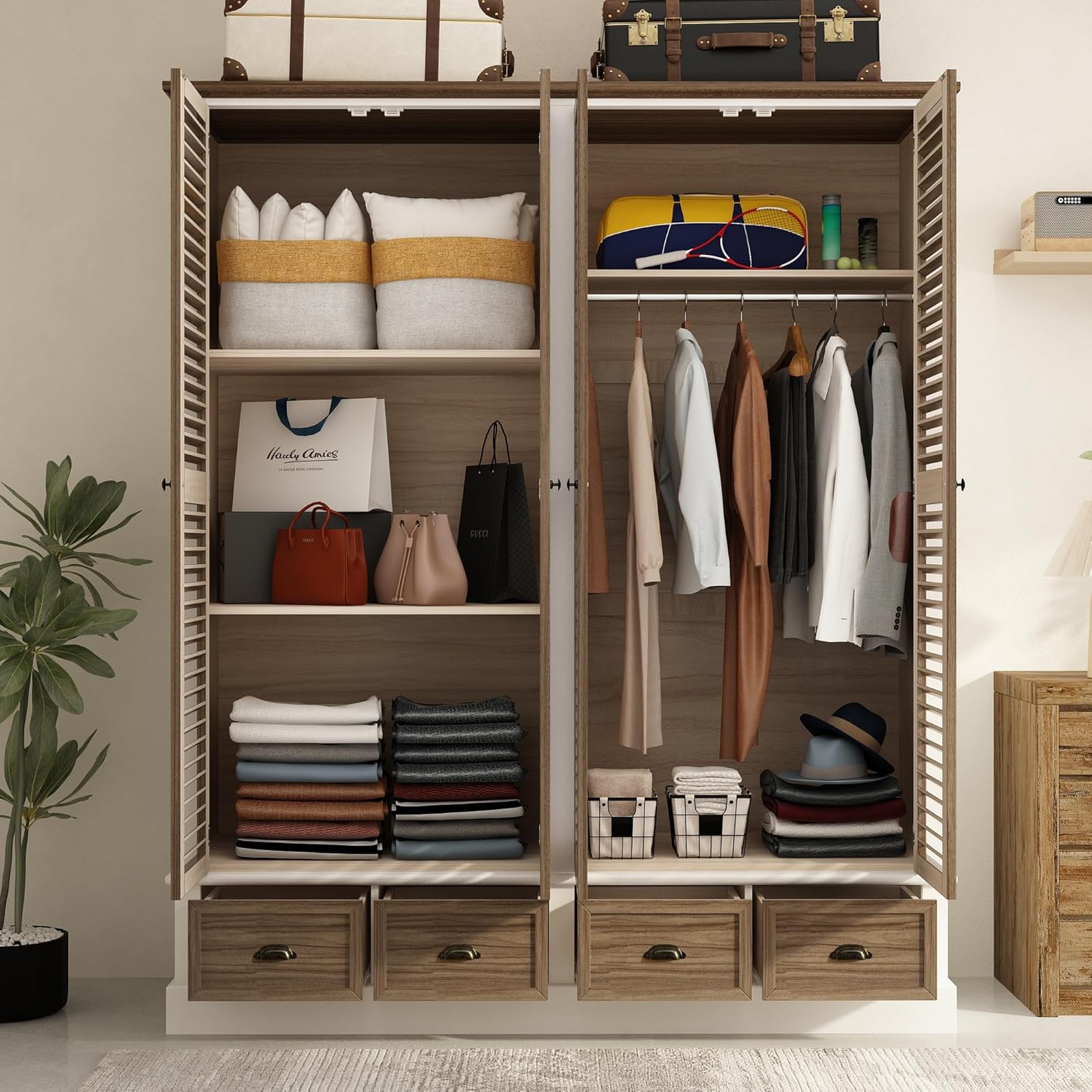 ECACAD 4 Doors Wardrobe Armoire with Louver Doors, Storage Shelves, 4 Drawers & Hanging Rod, Wooden Closet Storage Cabinet for Bedroom, Brown & White (63”W x 19.7”D x 74.8”H)