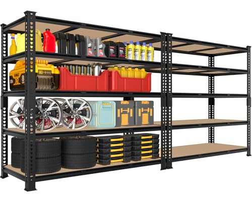 5 Tier Garage Storage Shelves - 32" W x 16" D x 63" H Adjustable Heavy Duty Metal Shelving Unit, Garage Shelving Utility Storage Rack for Basement, Pantry, Kitchen, Black, 2 PCS