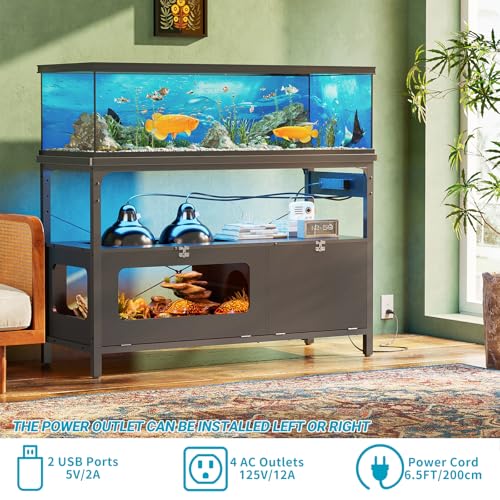 55-75 Gallon Fish Tank Stand with LED Light, Aquarium Stand with Outlet and Storage, 49.2" Reptile Terrarium Tank with Lockable Door, Observable Screen and Top Ventilation Mesh, Gray Oak