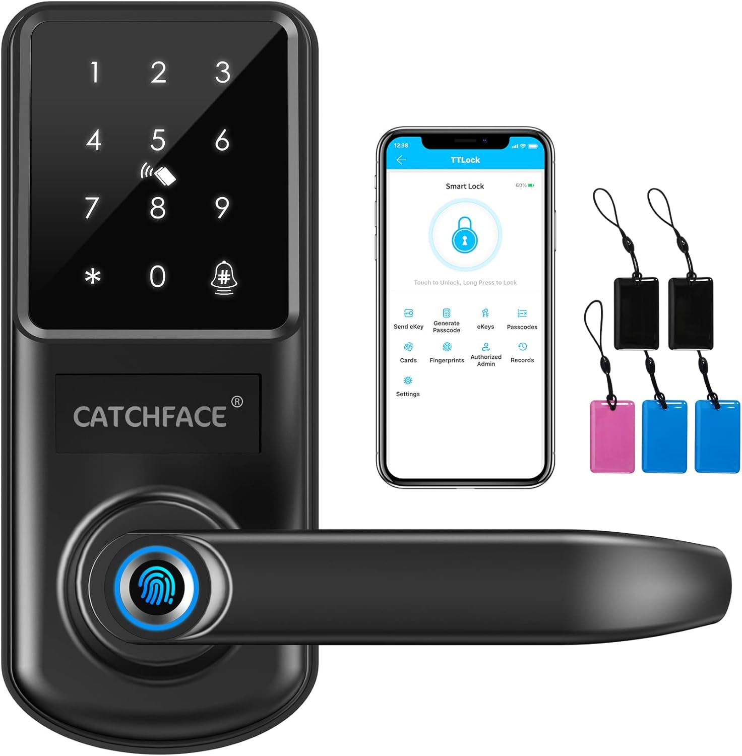 Smart Lock,CATCHFACE A290 Electronic Bluetooth Smart Lock,Keyless Door Lock with Handle,Biometric Lock with Fingerprint|TTLock App|Card|Key|Code Door Lock,Smart Lock for Front Door Office Home Airbnb