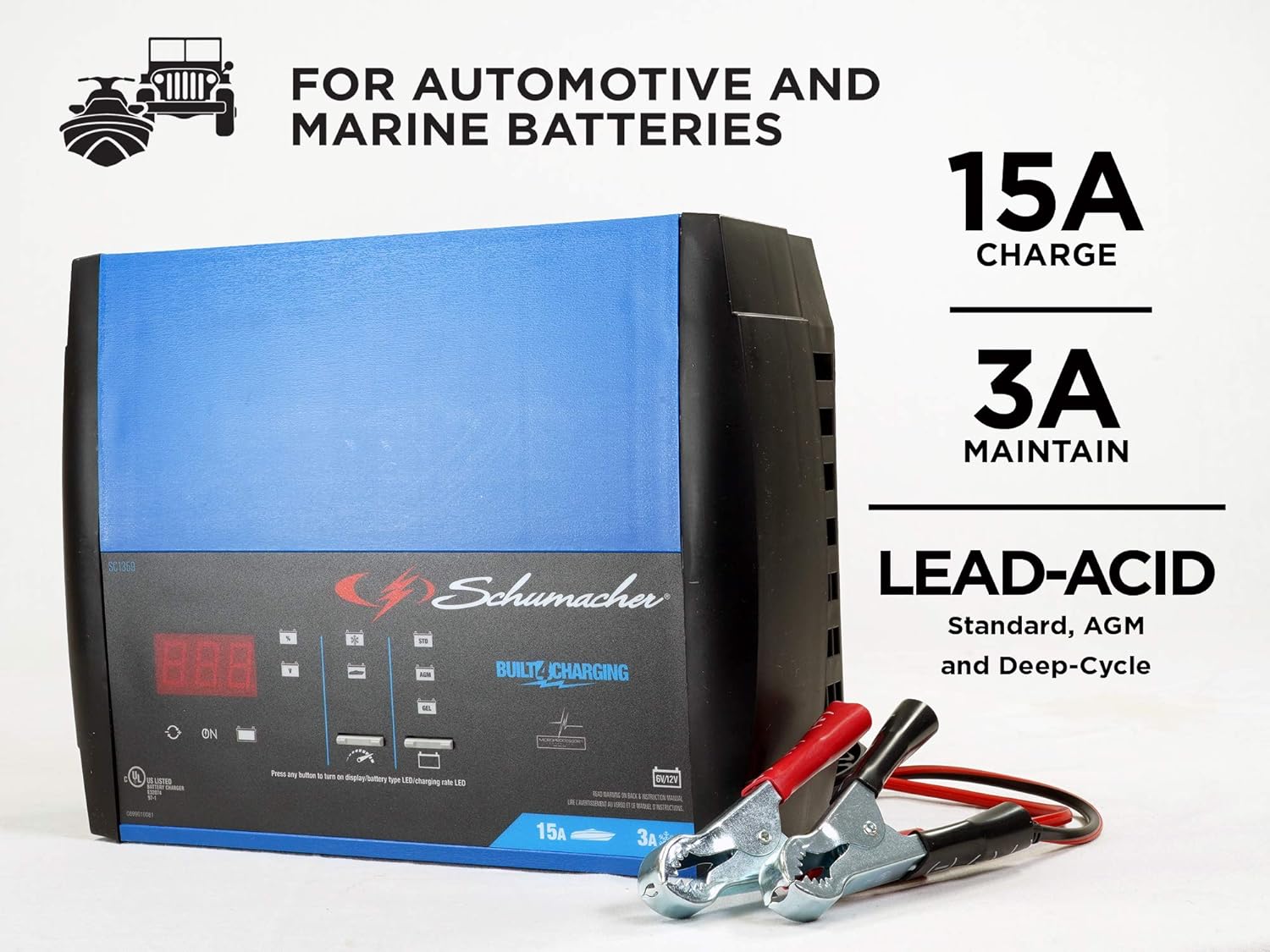 Schumacher SC1359 Fully Automatic Battery Charger, Maintainer, and Auto Desulfator with Battery Detection - 15 Amp/3 Amp, 6V/12V - For Cars, Trucks, SUVs, Marine, RVs