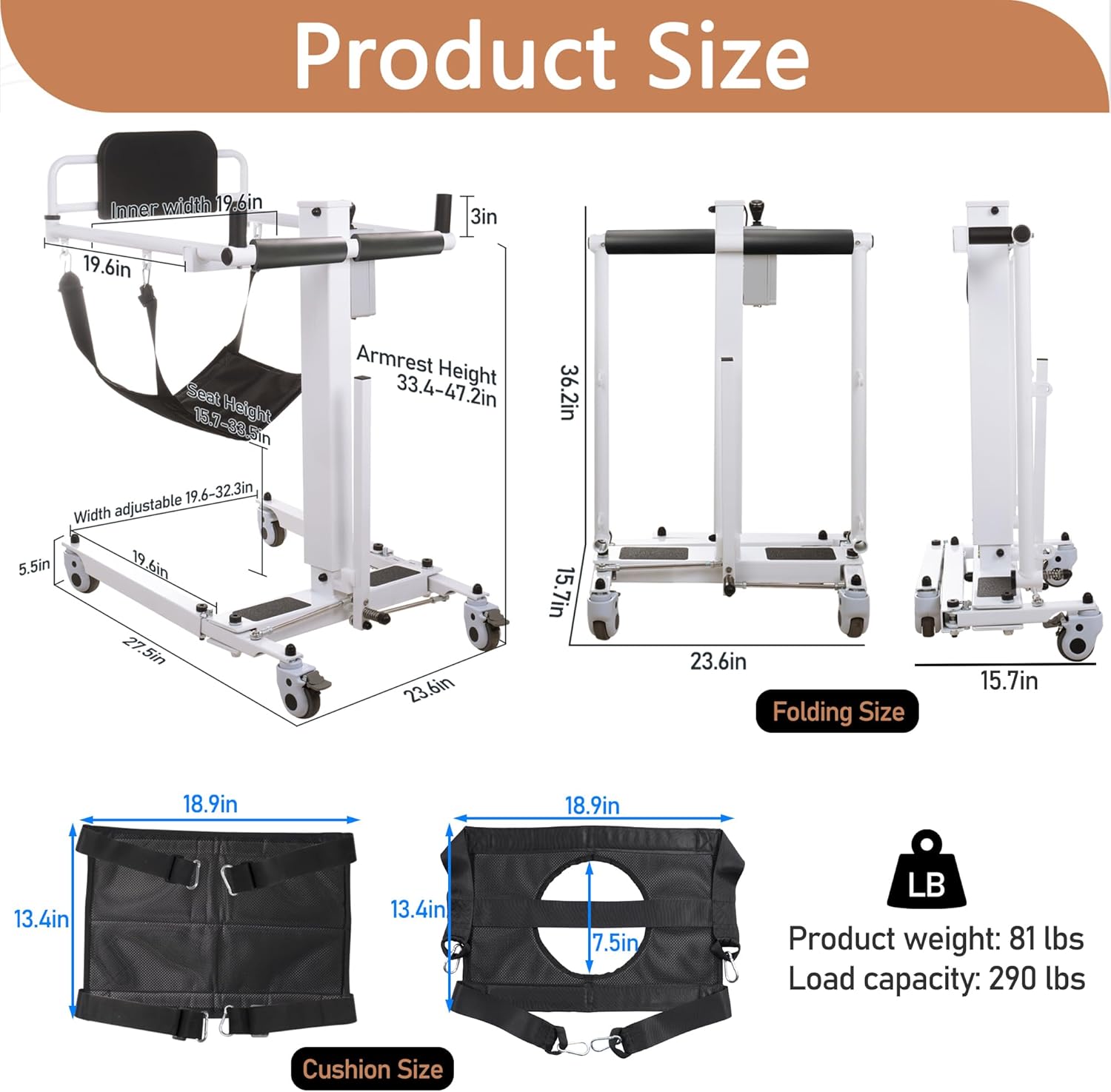 Electric Patient Lift Transfer Chair Patient Lift Wheelchair for Home Foldable Portable Patient Lift Chair with Adjustable Base, from Bed to Wheelchair Transfer and Wheelchair to car, White