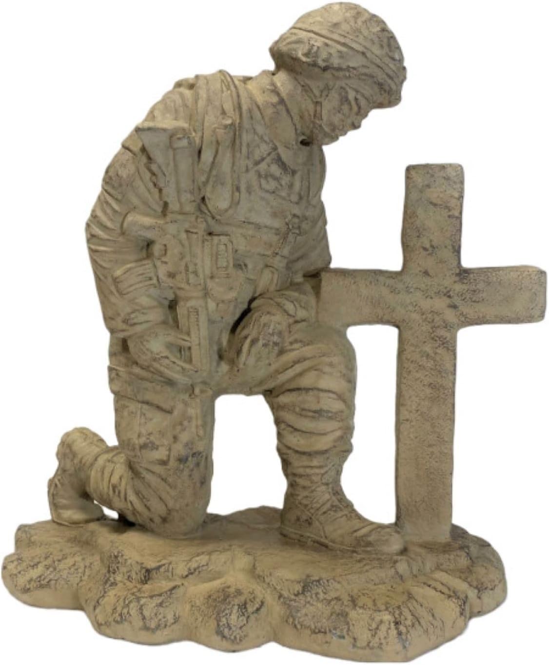 Solid Rock Stoneworks Kneeling Soldier At Cross Stone Military Statue 22in Tall