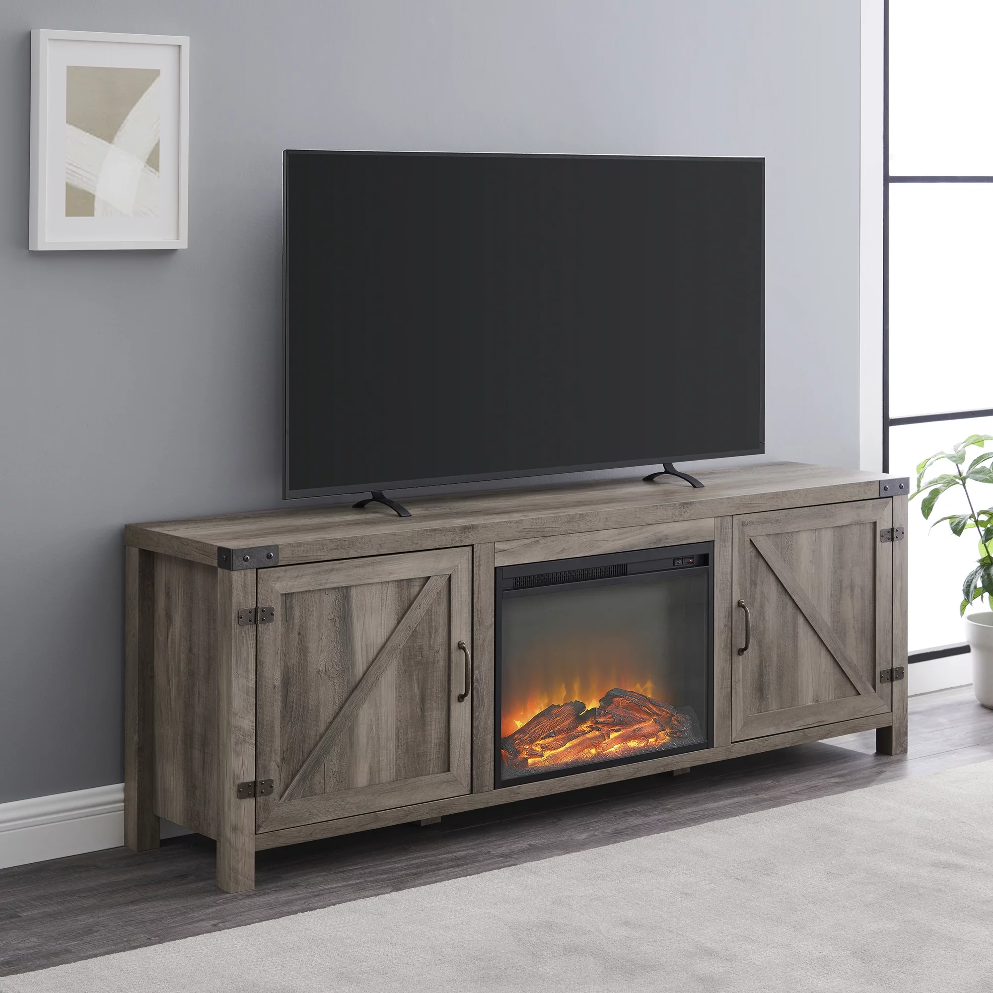 Walker Edison Farmhouse Fireplace TV Stand for TVs up to 80”, Grey Wash