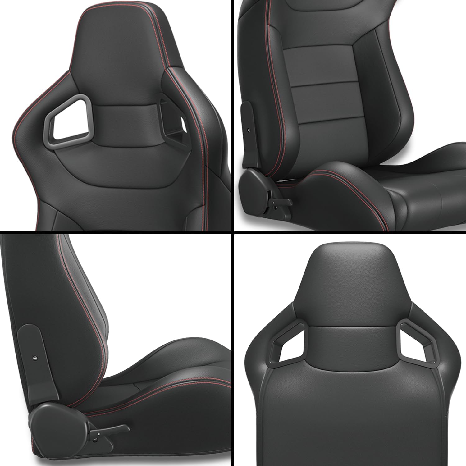 2PC Universal Bucket Red Stitch PVC Leather Racing Seats Reclinable Adjustor Slider Carbon Look Back Racing Seats (Not Including Seat Bracket)
