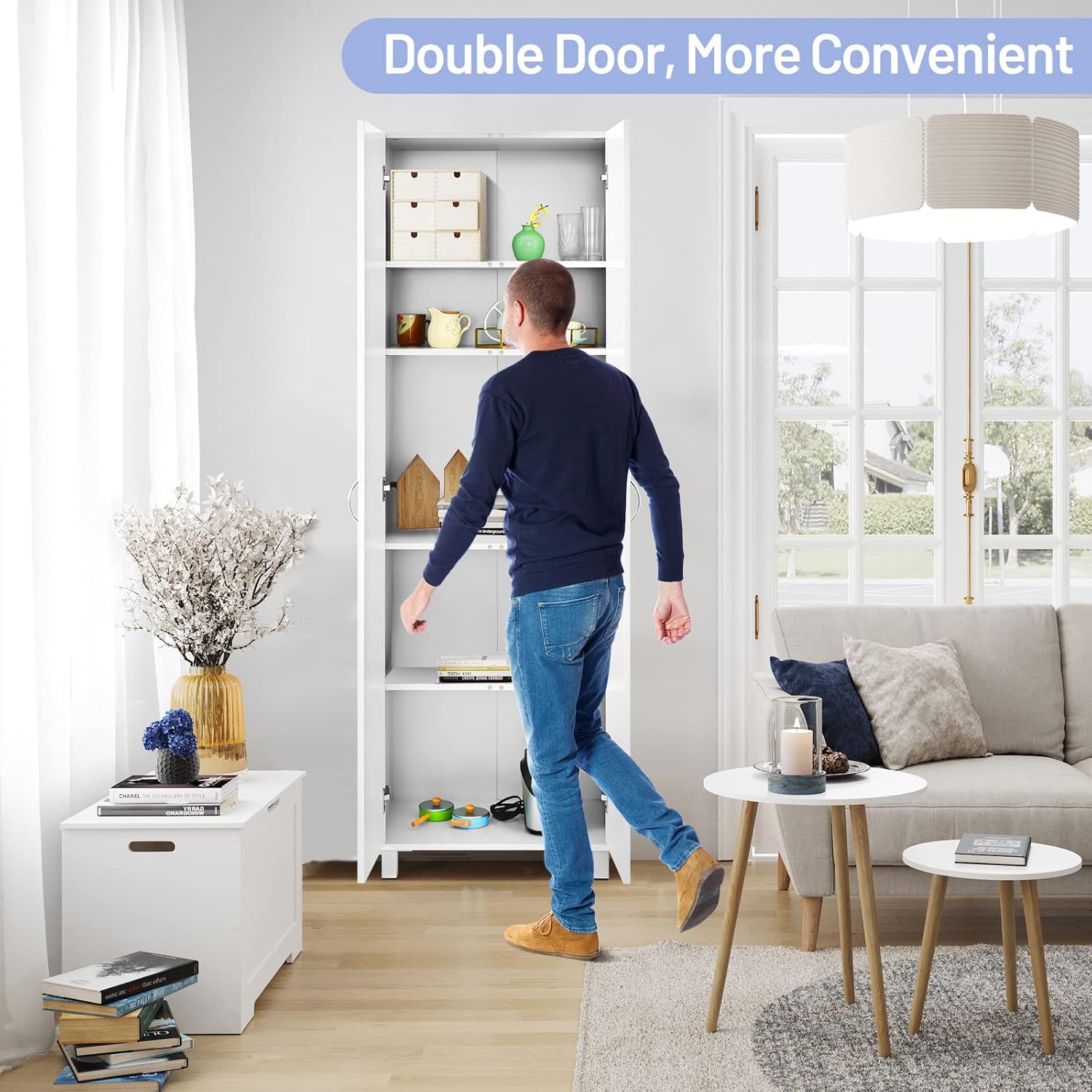 DORTALA 2-Door Tall Storage Cabinet, Morden Kitchen Pantry Cupboard Organizer w/ 5 Shelves, Wood Utility Floor Storage Cabinet, Multifunction Home Storage Furniture, White
