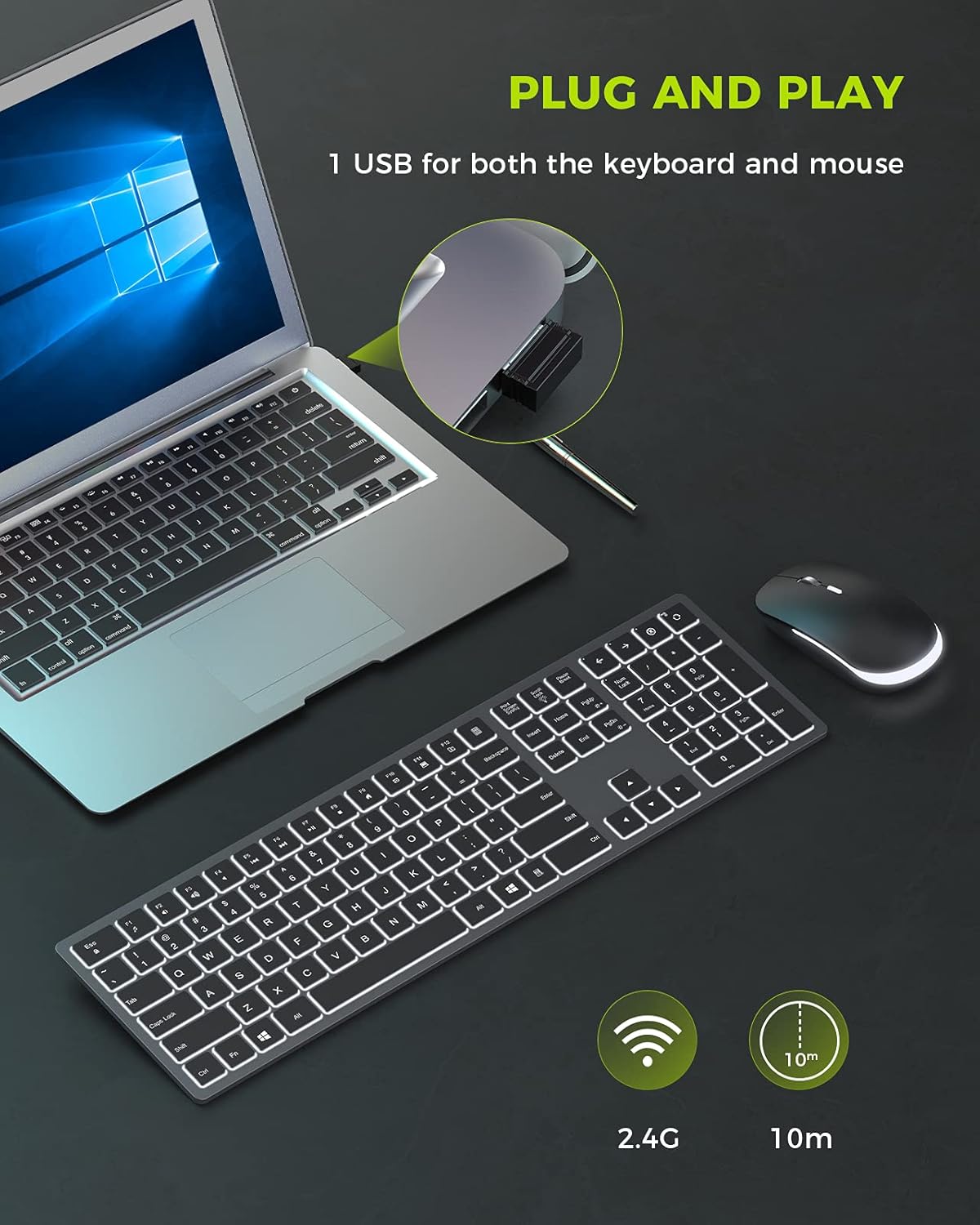 seenda Wireless Backlit Keyboard and Mouse Combo, 2.4G USB Silent Keyboard and Mouse Rechargeable Full-Size Ultra Slim Keyboard & Mouse Set for Windows PC Computer, Laptop, Desktop Pack of 2