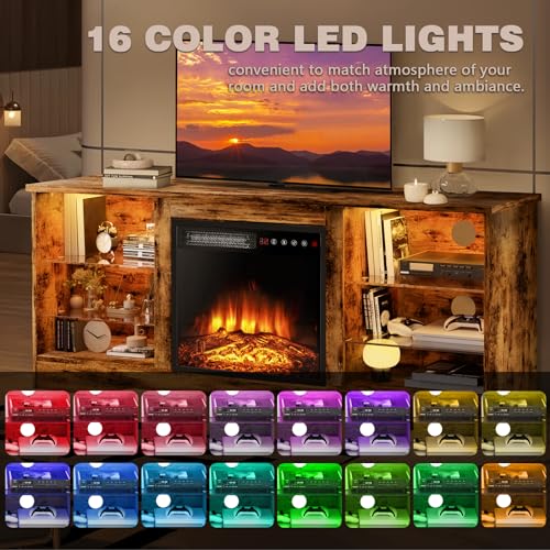 Lemberi Fireplace tv Stand with 36 inch Fireplace Up to 80" TVs,LED Light Entertainment Center and Storage, 70" Modern Wood Media TV Console with Highlight Cabinet for Living Room