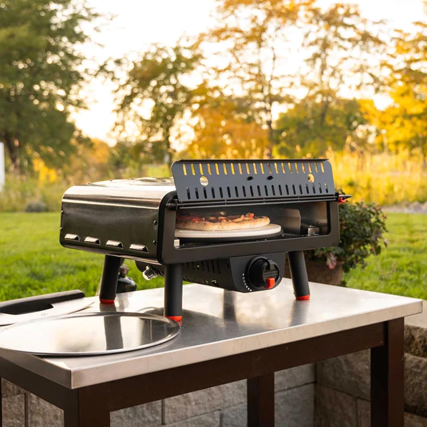 Blackstone Leggero Pizza Oven, Portable Outdoor Pizza Oven with 13" Rotating Stone, Blackstone Infrared Thermometer with Probe, Blackstone Black Aluminum Pizza Peel, and Wholesalehome Gloves & Cloth