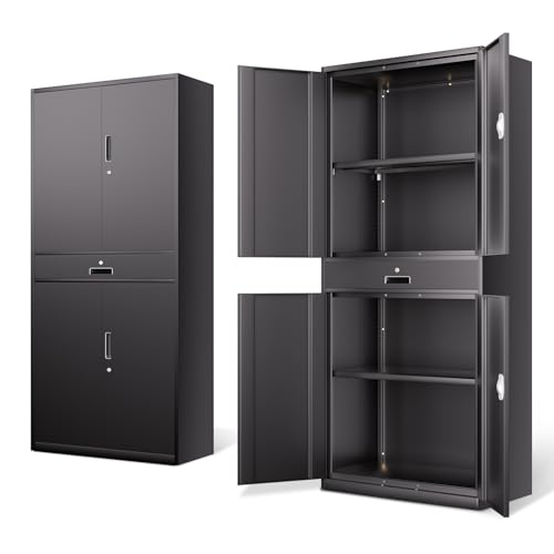 DNA MOTORING 71'' Metal Storage Cabinet, Locking Tool Cabinet with 1 Drawer and Adjustable Shelves, Lockable Heavy Duty Metal Locker for Garage,Office,Home,Gym, Gray, TOOLS-00629-GY-GY-A