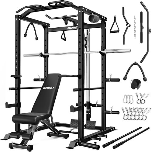 C1-V4 Power Cage, 2000LBS Squat Rack with LAT Pulldown, Multi-Function Weight Cage Strength Training Machine, Workout Cage with More Attachments for Home Gym Garage