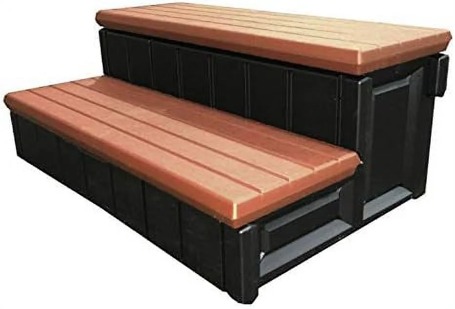 Confer 36" Long Deluxe Plastic 2 Stair Patio Deck Outdoor Non Skid Spa Steps, Snap Installation, Redwood/Black