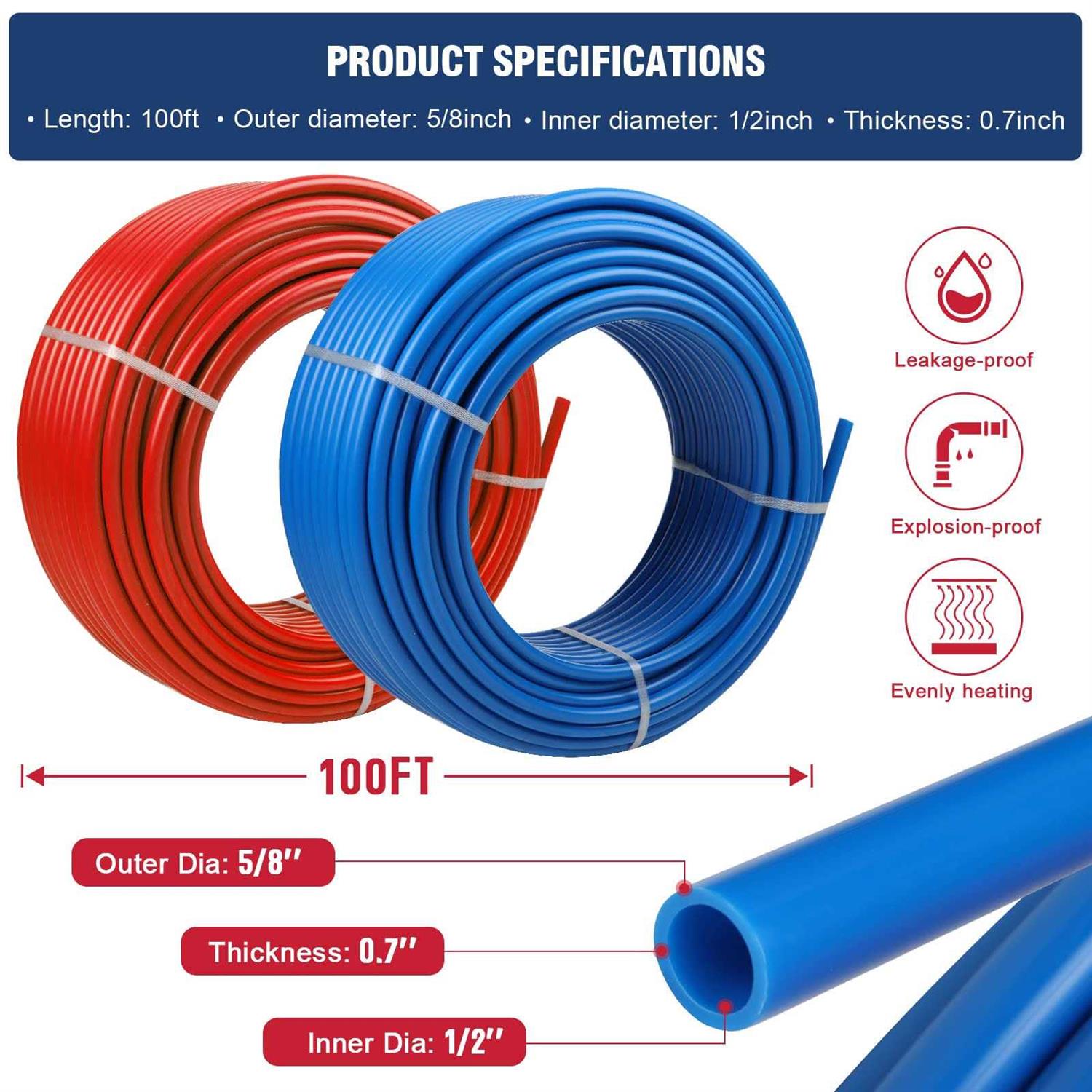 PEX Pipe 1/2 Inch 100ft 2 Rolls PEX Tubing EVOH PEX-B Pipe Non Oxygen Barrier Durable Leakage-Proof Flexible For Residential Water Lines In Homes